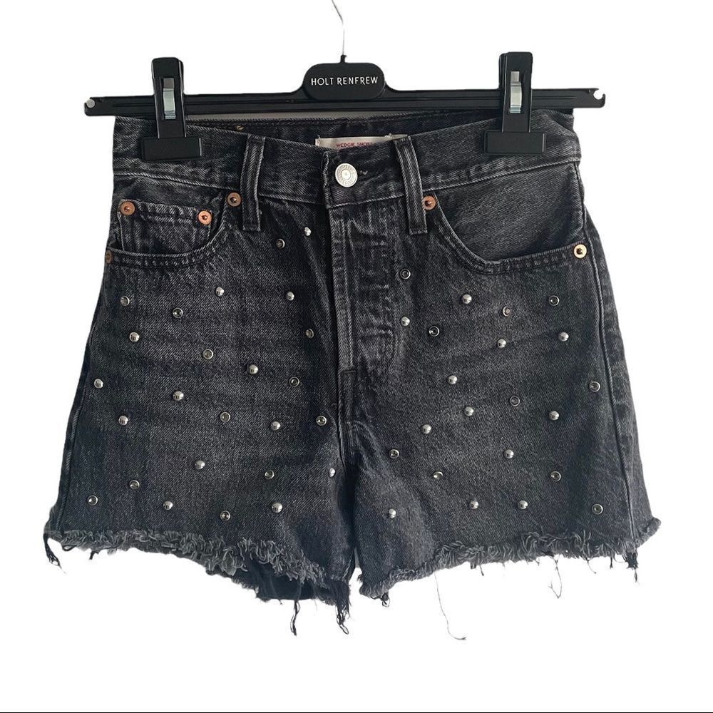 LEVI’S Black High Waisted Studded Embellished Cut Off Denim Shorts 24